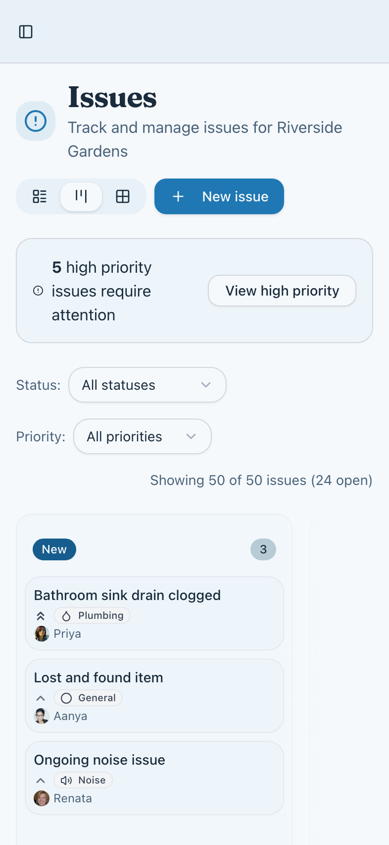Issue tracking board view in OpenCourtyard